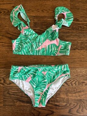 Lilly Pulitzer Green & Pink Tropical Leaf Girls' Two-Piece Bikini